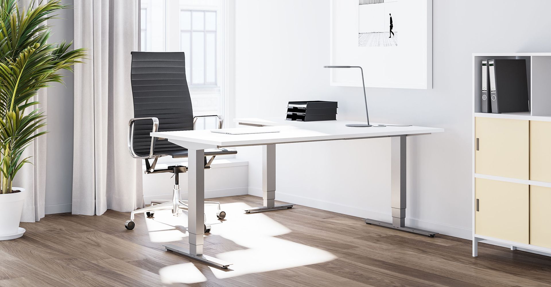 Ein Büro, mit einem Stuhl und Tisch